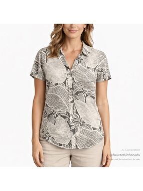 Tommy Bahama Women’s M Gray & Cream Linen Botanical Button-Up Shirt